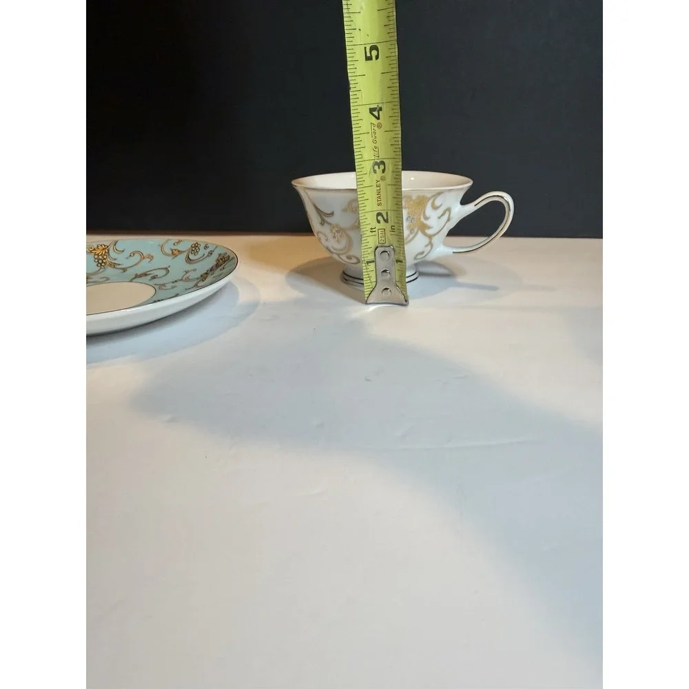 Grace Teaware Turquoise & Gold Scroll Teacup and Saucer